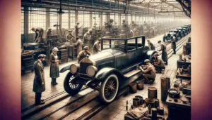 A vintage automotive assembly line from the early 20th century, featuring an old-fashioned car in the process of being hand-painted. The scene should copiar
