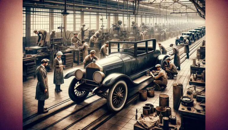 A vintage automotive assembly line from the early 20th century, featuring an old-fashioned car in the process of being hand-painted. The scene should copiar